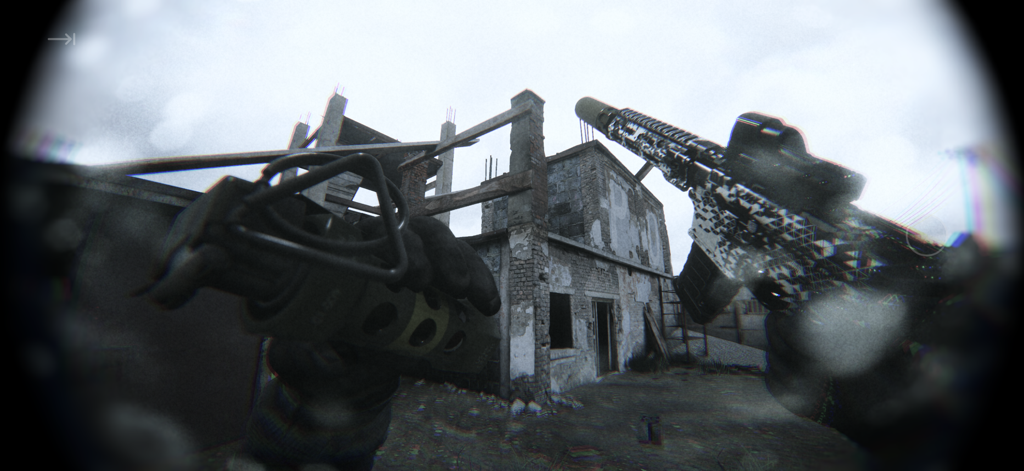 A first person bodycam view of a player holding a rifle and grenade in an industrial environment