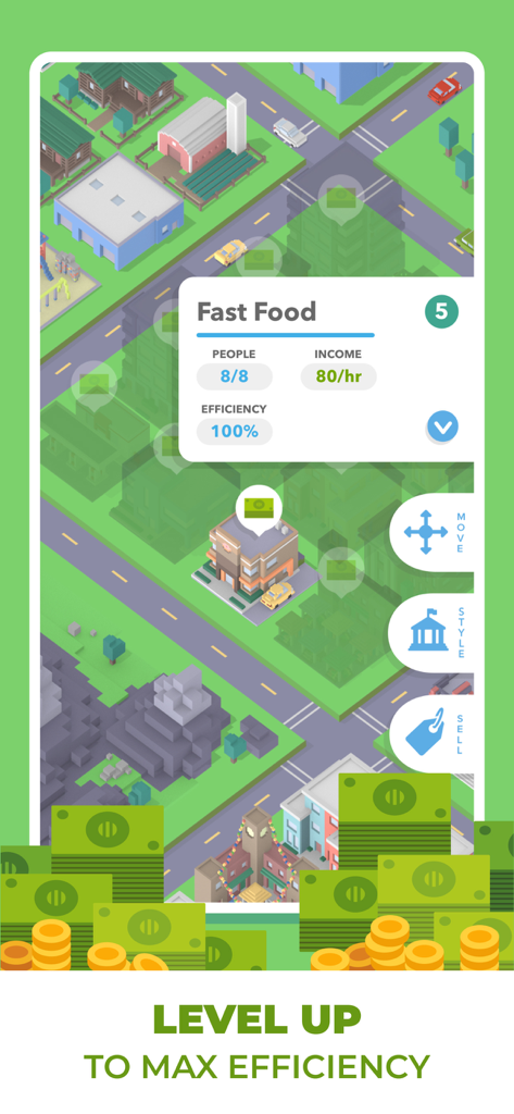 Pixel Plex: City Builder - Une capture d'écran de Pixel Plex City Builder montrant les statistiques de construction et une efficacité de 100 %