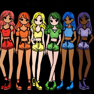 a group of girls wearing crop tops and shorts