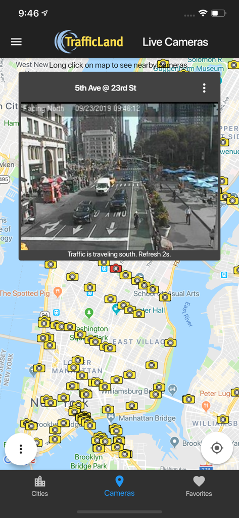 TrafficLand app interface showing a live traffic camera feed and a map of New York City with camera locations