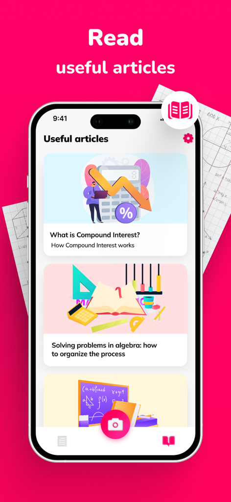 Math Solver: Solve by Camera - Math Solver app interface showing educational articles on algebra and compound interest.