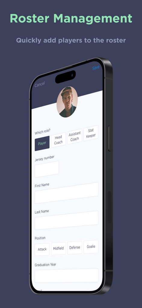 Interface of the SquadProfile app showing roster management to quickly add players and coaches with details like role, jersey number, and position.