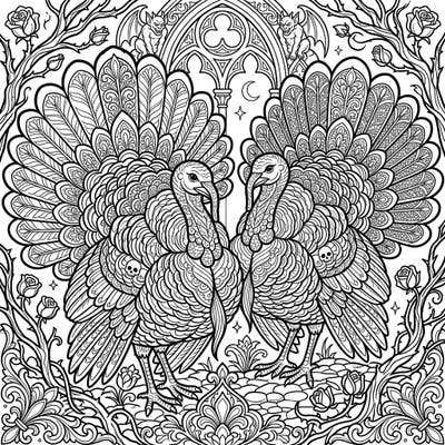 Step into a world where Thanksgiving meets the mysterious with our unique Gothic Strutting Turkeys coloring page. Discover intricate patterns, dramatic rose vines, and intriguing gargoyles awaiting your artistic touch.