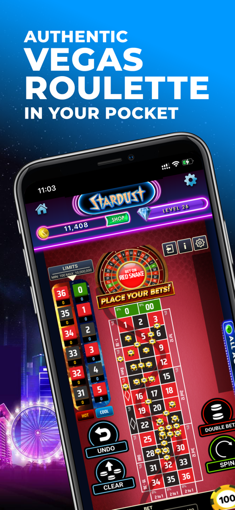 Mobile phone screen displaying a Vegas-style roulette game on the Stardust Social Casino app