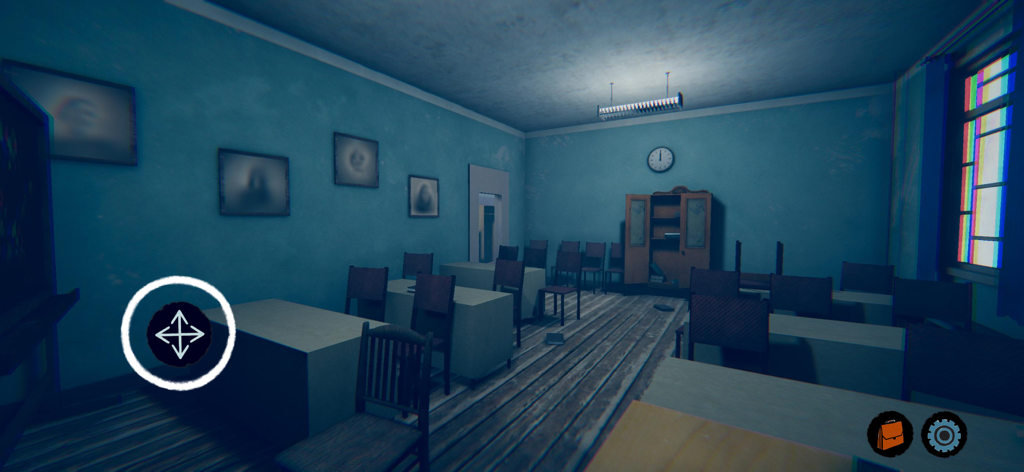 Eerie empty classroom with blurred photos and blue walls in a psychological horror game
