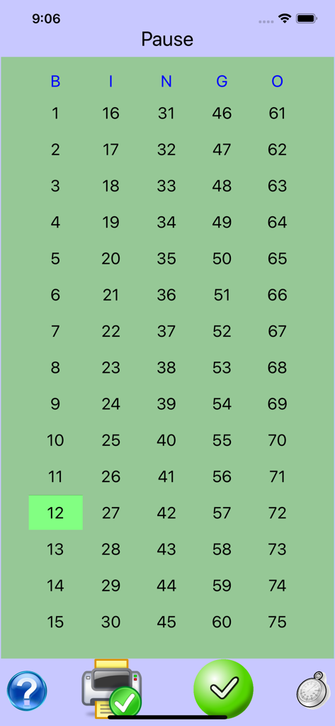 Bingo 75 - Ein digitales Bingo-Ansagebrett mit den Zahlen 1 bis 75 und Navigations- und Drucksymbolen