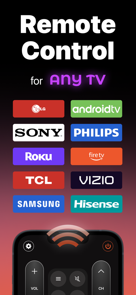 Universal TV remote control app compatible with major brands including Samsung LG Roku and Sony