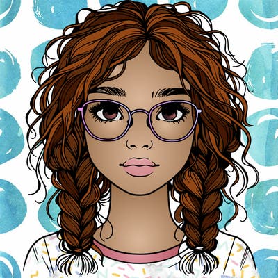 realistic girl with glasses and frizzy hair in braids