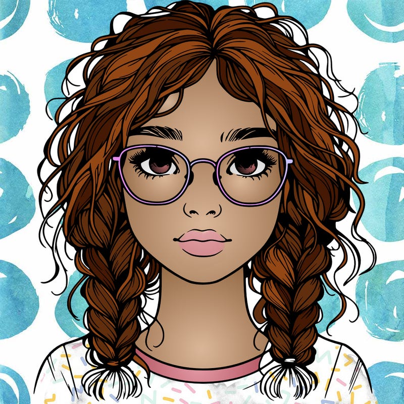 realistic girl with glasses and frizzy hair in braids