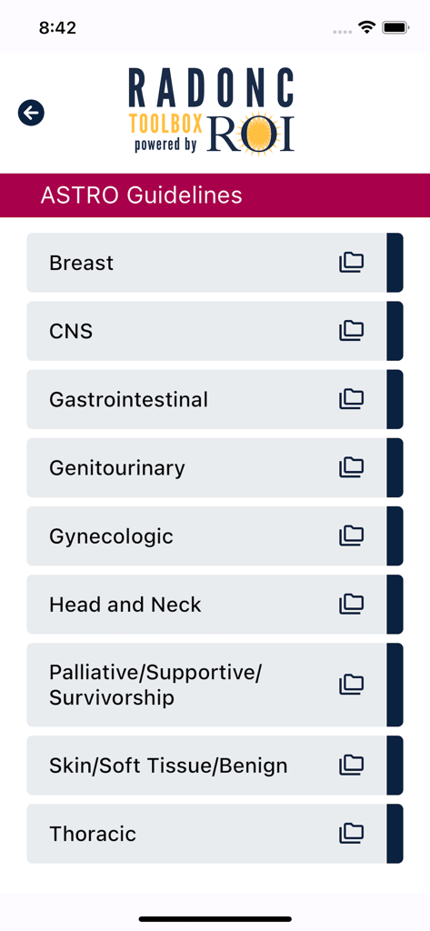 RO Toolbox - The ASTRO Guidelines menu in the RO Toolbox app showing various clinical categories including breast, cns, and gastrointestinal.