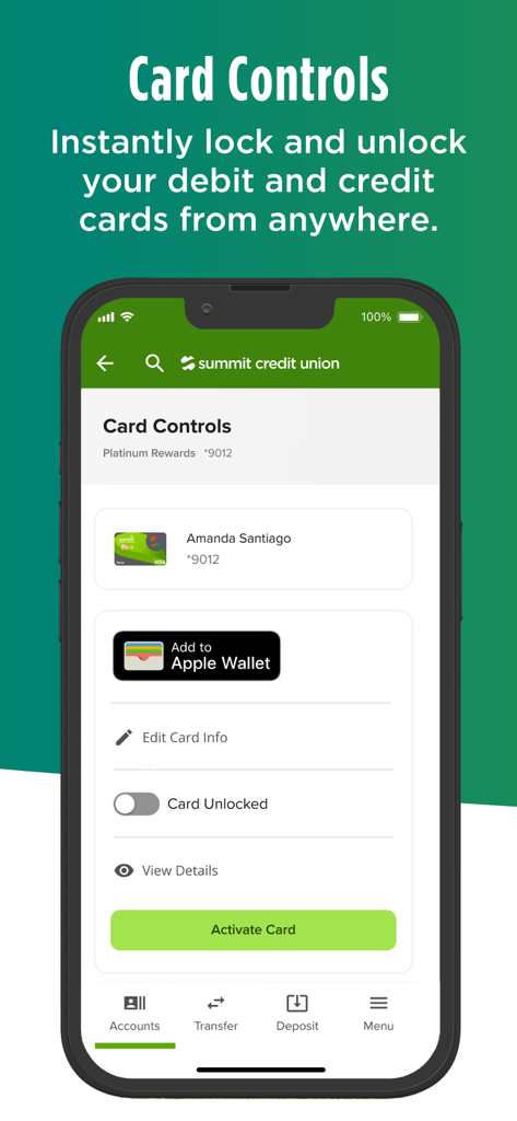 Summit Credit Union - Summit Credit Union mobile app interface showing card control settings to lock and unlock debit and credit cards