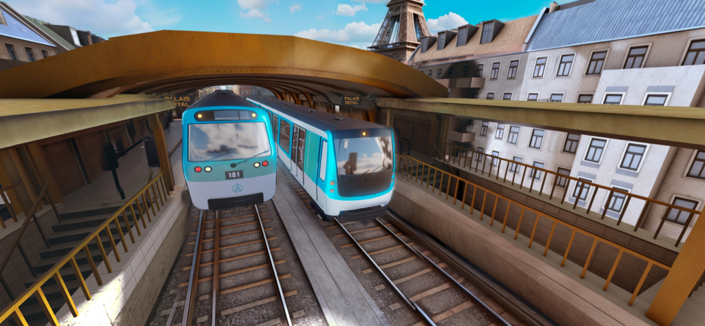 Paris Métro: Subway Ride - Two Paris Metro trains at an outdoor station with the Eiffel Tower in the background