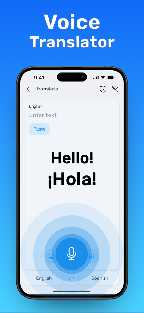 Smartphone screen displaying the voice translation feature translating English Hello to Spanish Hola