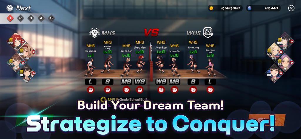 Volley Girls:High School Story - Volleyball team formation screen showing player positions and stats with the text Build Your Dream Team Strategize to Conquer