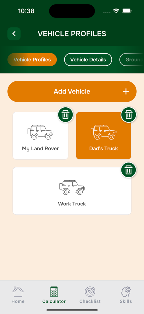 Pantalla de perfiles de vehículos de la aplicación WINCH mostrando camiones y SUVs todoterreno guardados