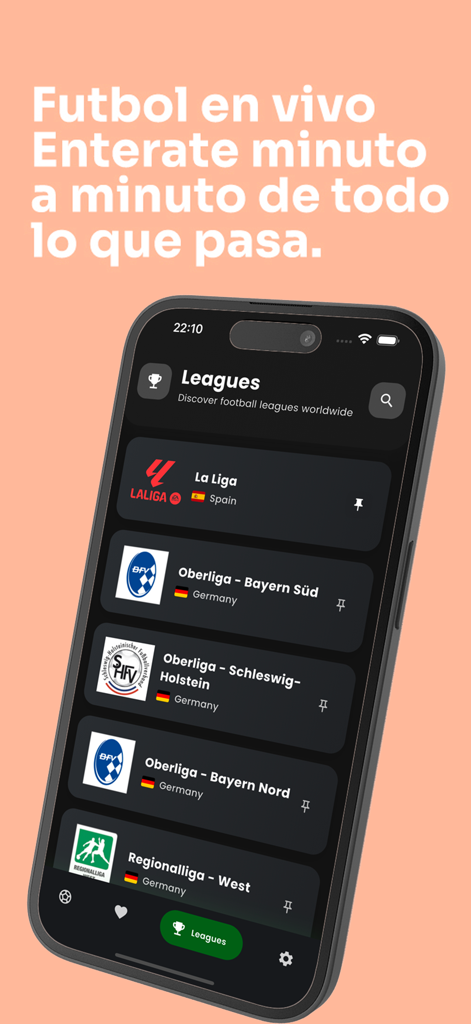 Futbol Locura - La aplicación móvil Futbol Locura mostrando una lista de ligas de fútbol internacionales en una interfaz oscura