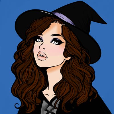 realistic witch girl with wavy hair and lips