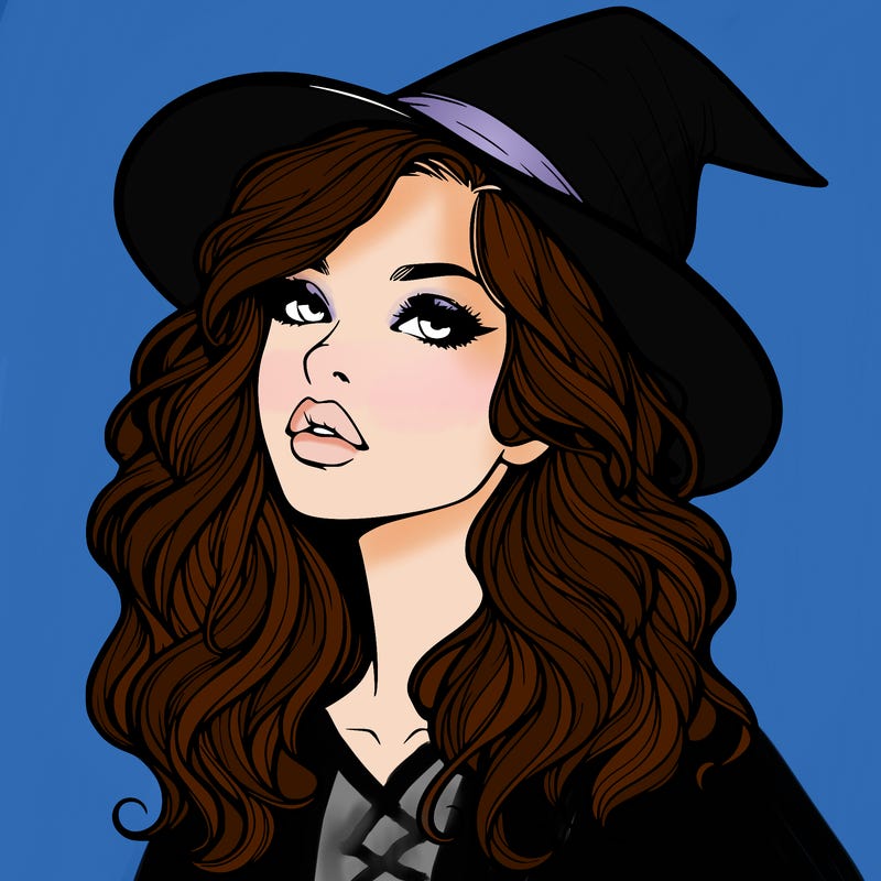 realistic witch girl with wavy hair and lips