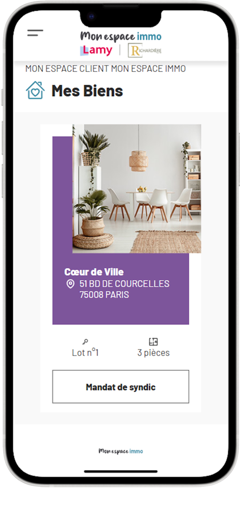 Mon espace immo particuliers - Écran de l'application mobile Mon Espace Immo affichant la section Mes Propriétés avec une annonce pour un appartement à Paris