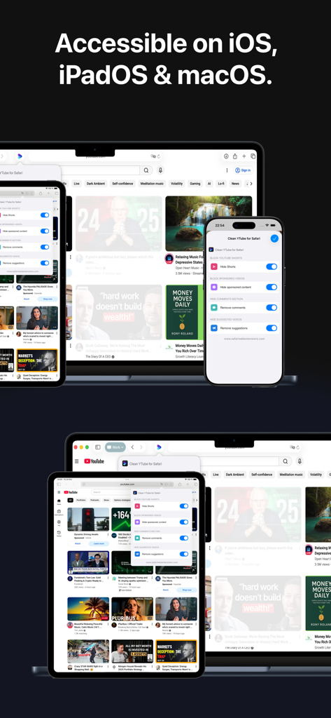 Clean YT for Safari extension interface displayed on iPhone iPad and Mac showcasing cross platform accessibility