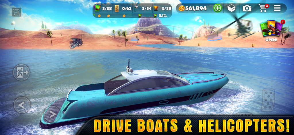 Gameplay screenshot of Off The Road showing a blue speedboat on water and a helicopter flying over a desert landscape