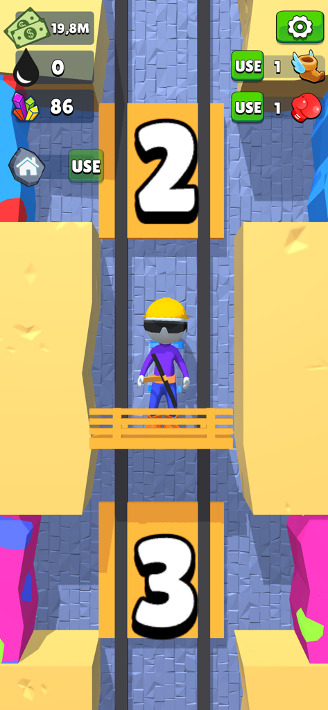 Oilman! - Personaje de Oilman en un elevador moviéndose entre niveles numerados en un pozo de mina