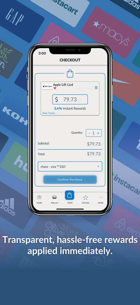 Pantalla de pago de la aplicación Shopr Rewards que muestra reembolso instantáneo en efectivo por la compra de una tarjeta de regalo