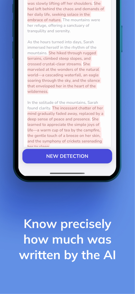 AI Detector & Undetectable AI - Mobile app screenshot showing text with specific AI generated sentences highlighted in pink for easy identification.