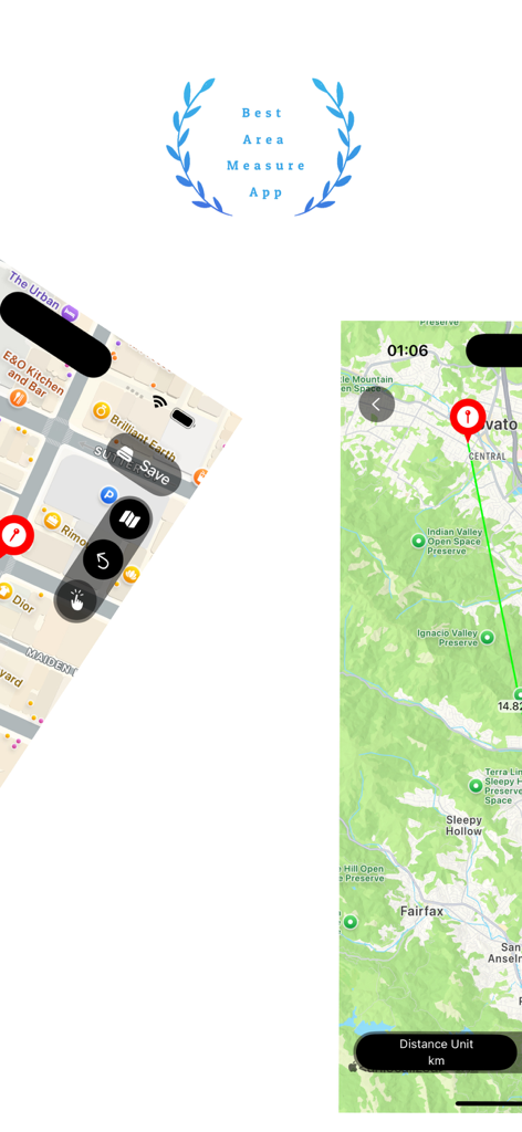 Mobile screenshots of Area Measure app showing GPS land mapping and distance calculation features