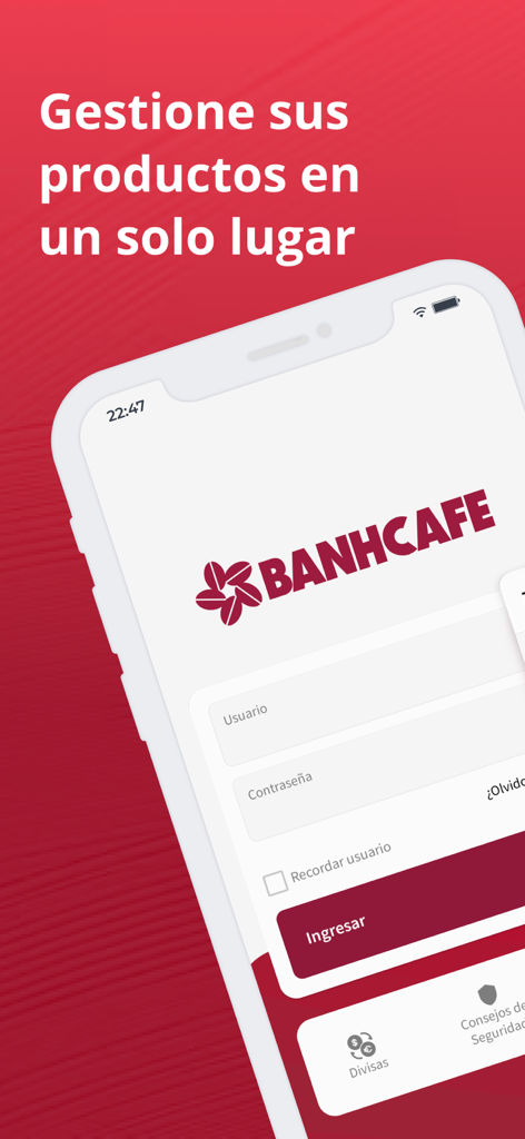 BANHCAFE Online - Pantalla de inicio de sesión de la aplicación móvil BANHCAFE Online