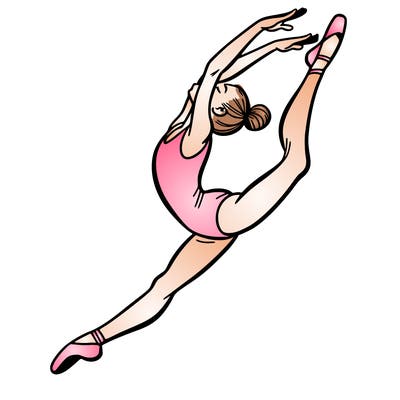 gymnast doing a leap in a leotard with a bent back leg
