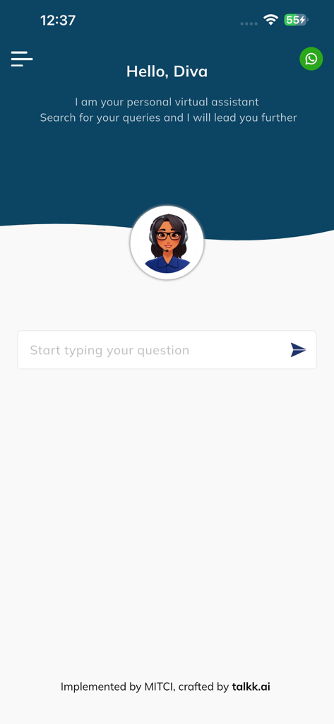 The MAIA Bot app welcome screen featuring the Diva virtual assistant and a chat input field.