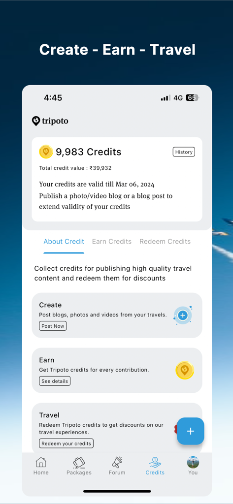 Tripoto app interface displaying travel credits earned by publishing travel blogs and photos