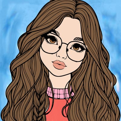 girl with long hair and freckles and glasses realistic
