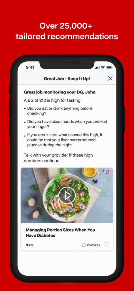 Health Optimizer app showing personalized blood glucose feedback and diabetes management tips