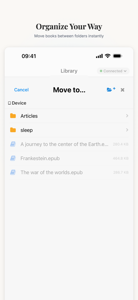 CrossPoint Sync - CrossPoint Sync app interface showing the library management screen with options to move books into folders