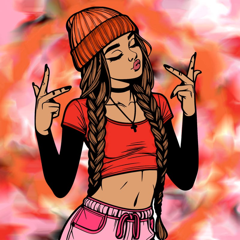 realistic teenage girl with braids and a beanie and crop top doing 🫶🏼