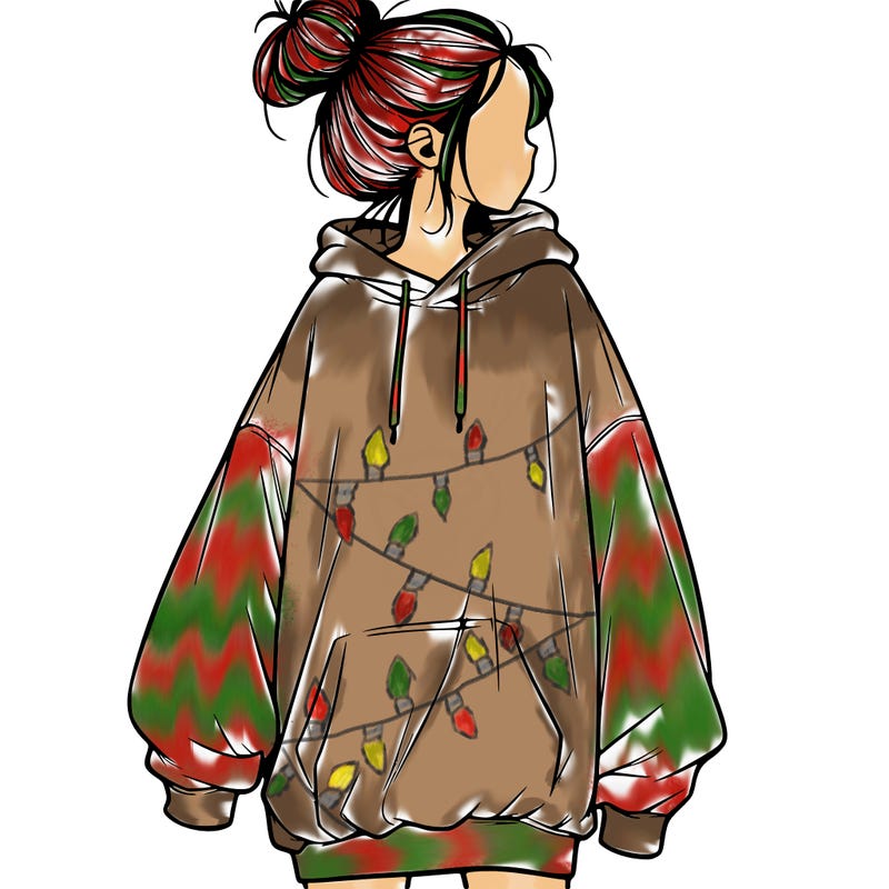 realistic girl with a oversized sweatshirt on and a bun