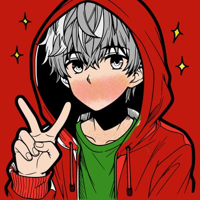 teenage manga boy in a hoodie, doing ✌