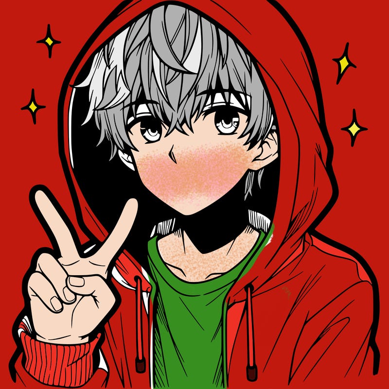 teenage manga boy in a hoodie, doing ✌