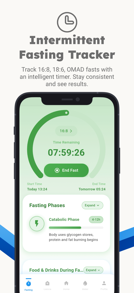 FastUp: Ai Calorie Tracker - Interface of the FastUp app showing an active intermittent fasting timer and tracking details