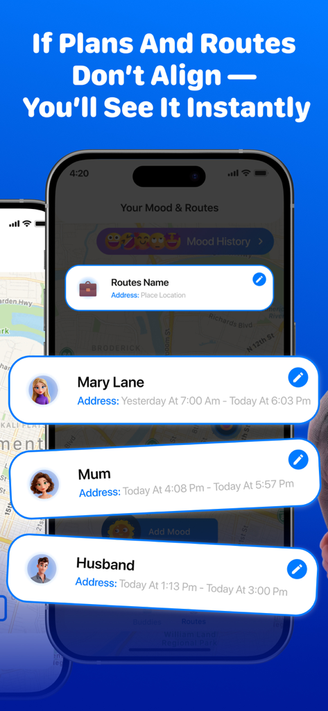 Location Tracker: My Friends - Soola app interface displaying mood history and route tracking for family and friends