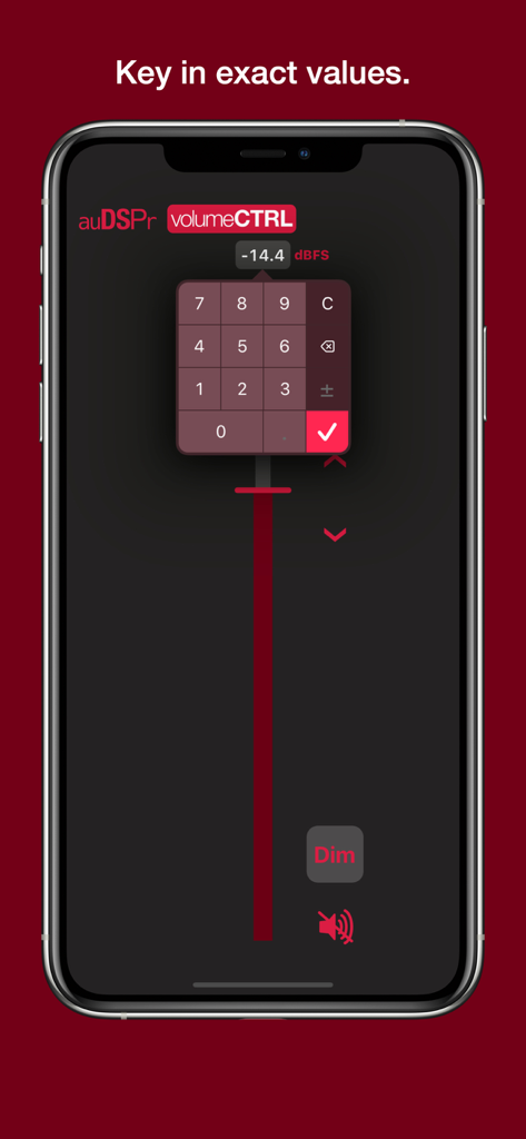 volumeCTRL - A smartphone screen displaying the volumeCTRL app with a numeric keypad for entering exact decibel volume values