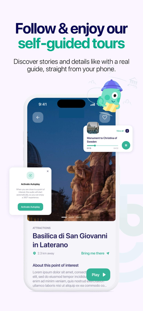 Smartphone screen displaying the Vox City app interface for a self-guided audio tour of a historical landmark