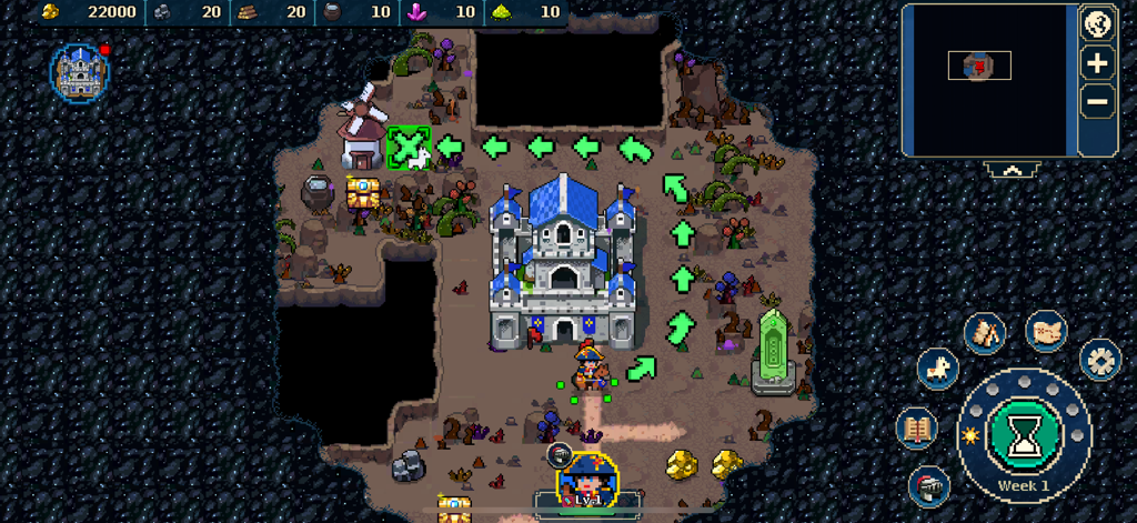 Empires Game - Un mapa pixel art en Empires Game mostrando un héroe a caballo cerca de un castillo central con flechas verdes indicando un camino de movimiento para la exploración.