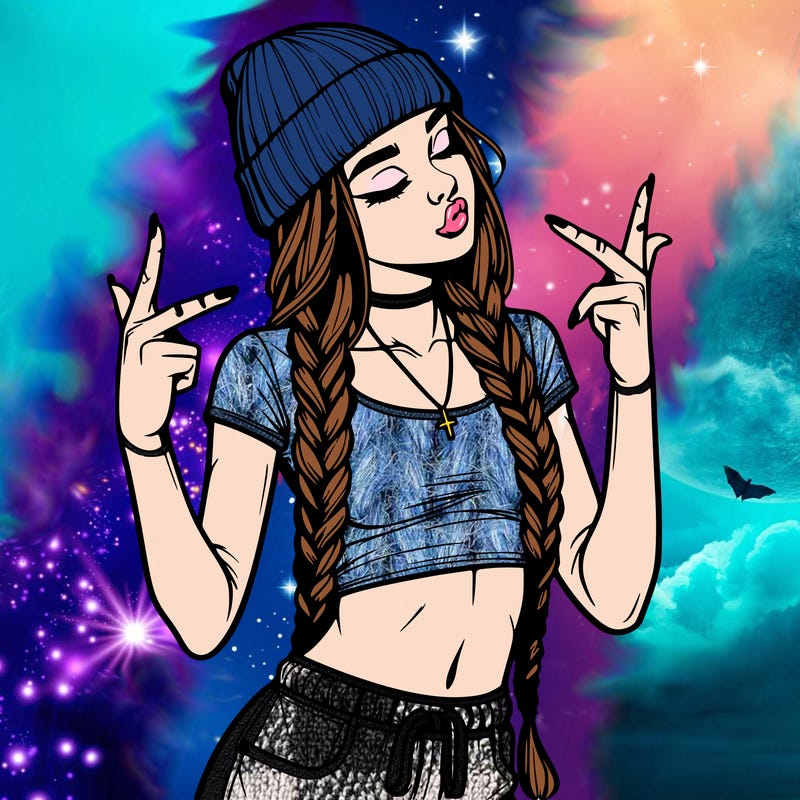 realistic teenage girl with braids and a beanie and crop top doing 🫶🏼