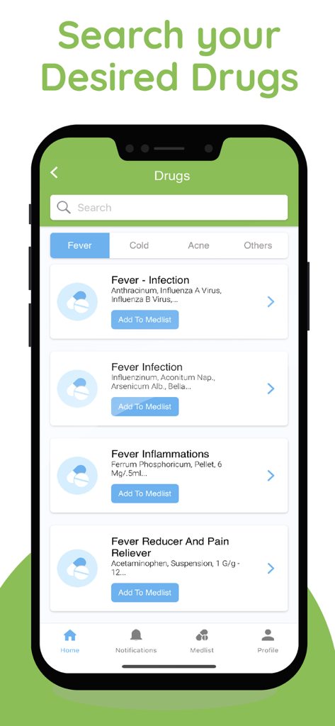The MedSearch app interface showing a list of medication search results for fever with options to add them to a personal medlist
