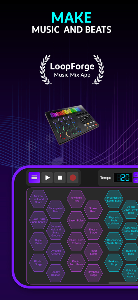 LoopForge - Interfaz de la aplicación LoopForge para crear música y ritmos, con pads de sonido hexagonales y un tempo de 120 bpm