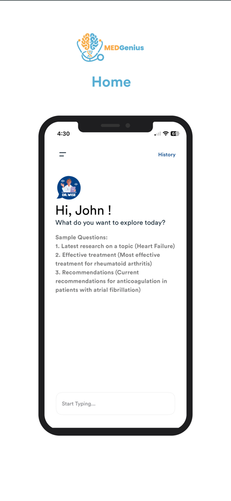 MedGenius: Powered by Dr Wise - Pantalla de inicio de la aplicación móvil MedGenius con sugerencias de búsqueda médica