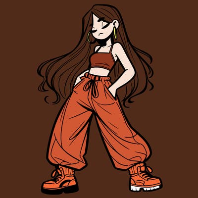 girl in baggy pants crop top and long hair